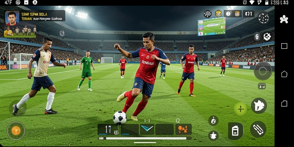 Screenshot gameplay 47F menampilkan aksi sepak bola yang mendebarkan.