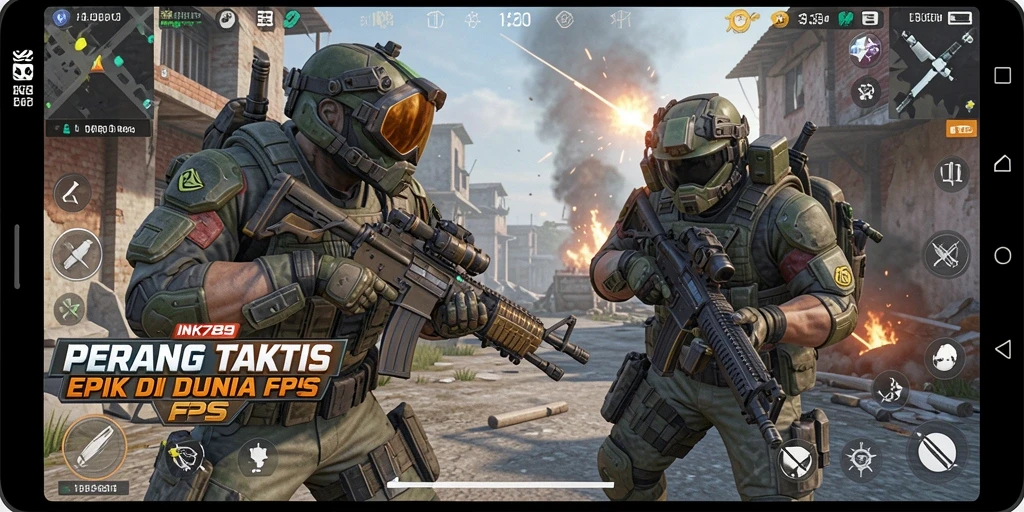 Screenshot gameplay dari INK789 menampilkan adegan pertempuran FPS yang intens.