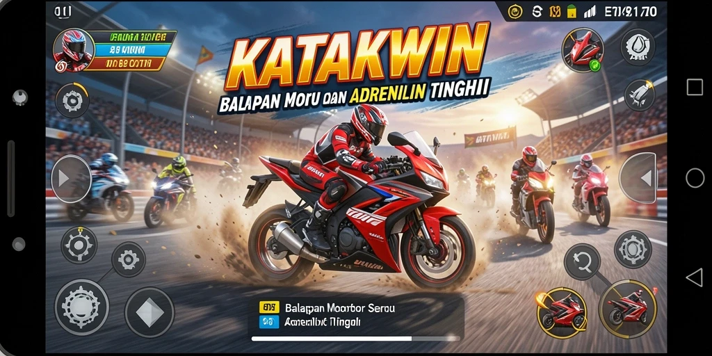 Tampilan gameplay KATAKWIN dengan motor balap yang cepat dan trek menantang.